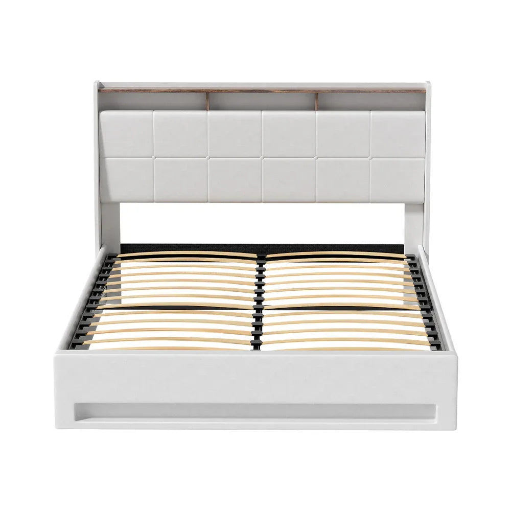 Artiss Bed Frame Gas Lift LED Beds Base Platform White PVC Leather Storage Headboard - Queen - Mekamart Australia