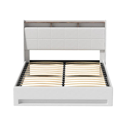 Artiss Bed Frame Gas Lift LED Beds Base Platform White PVC Leather Storage Headboard - Queen - Mekamart Australia