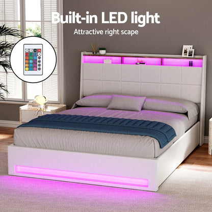 Artiss Bed Frame Gas Lift LED Beds Base Platform White PVC Leather Storage Headboard - Queen - Mekamart Australia