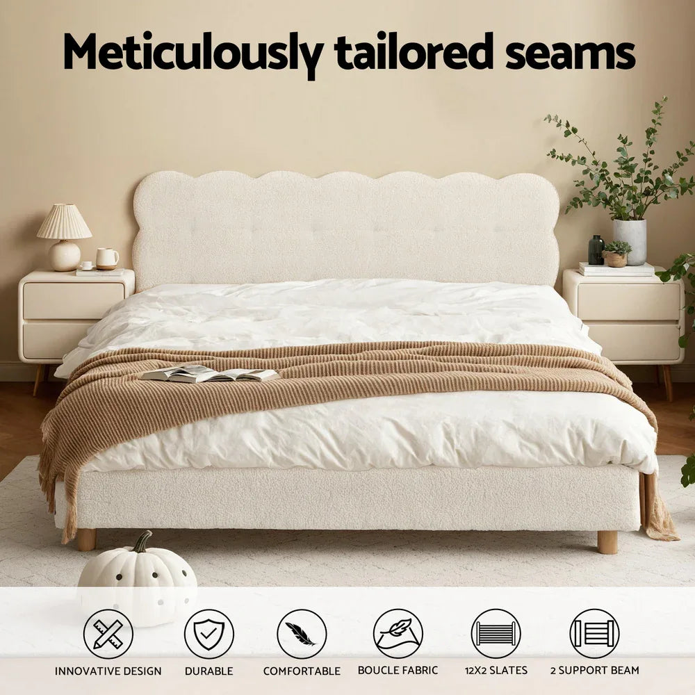 Artiss Queen Bed Frame Cloud Headboard Boucle Fabric Mattress Platform Base White - Mekamart Australia
