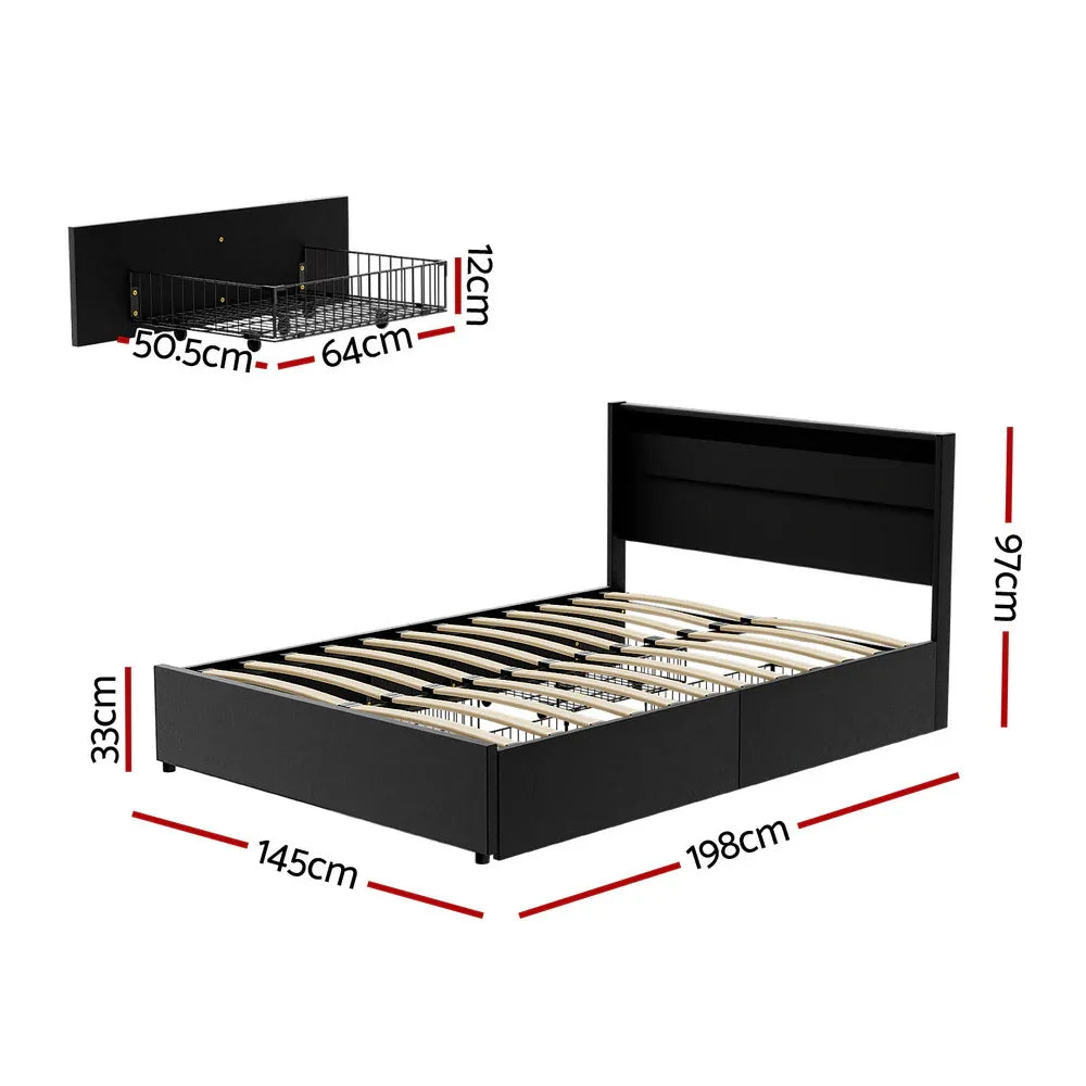 Artiss Bed Frame Double Size LED with 4 Drawers Black DUNN - Mekamart Australia
