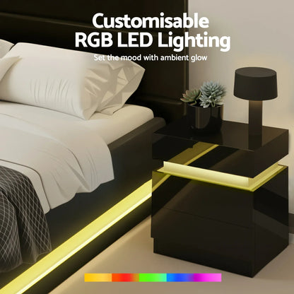 Artiss RGB LED Queen Bed Frame with 2 Beside Tables Set 16 Colour Mood Lighting