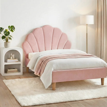 Artiss Bed Frame King Single with Bedside Table Set Scallop Headboard Pink Velvet Fabric Beds Base - Mekamart Australia