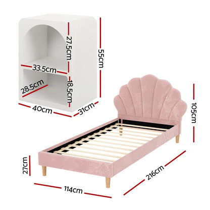 Artiss Bed Frame King Single with Bedside Table Set Scallop Headboard Pink Velvet Fabric Beds Base - Mekamart Australia