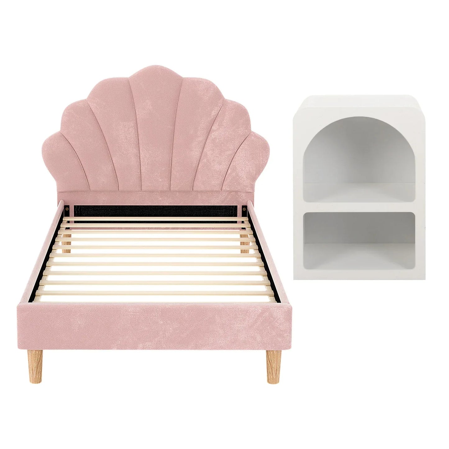 Artiss Bed Frame King Single with Bedside Table Set Scallop Headboard Pink Velvet Fabric Beds Base - Mekamart Australia
