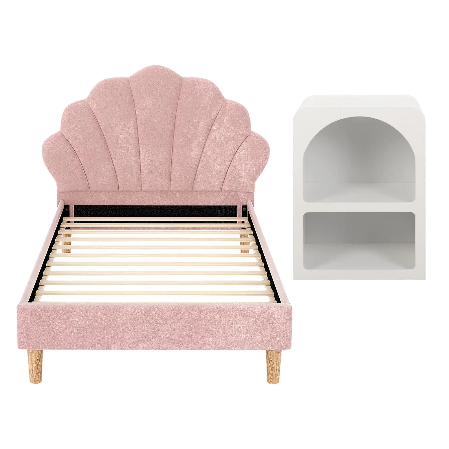 Artiss Bed Frame King Single with Bedside Table Set Scallop Headboard Pink Velvet Fabric Beds Base - Mekamart Australia