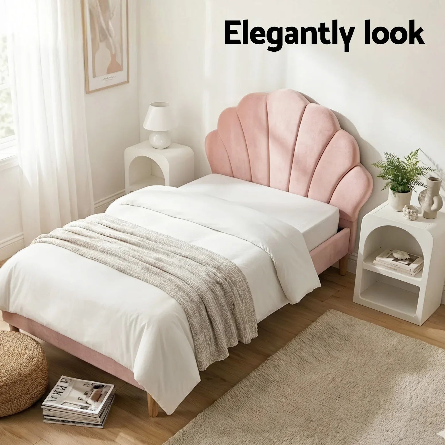 Artiss Bed Frame King Single with Bedside Table Set Scallop Headboard Pink Velvet Fabric Beds Base - Mekamart Australia