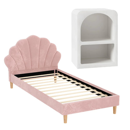 Artiss Bed Frame King Single with Bedside Table Set Scallop Headboard Pink Velvet Fabric Beds Base - Mekamart Australia