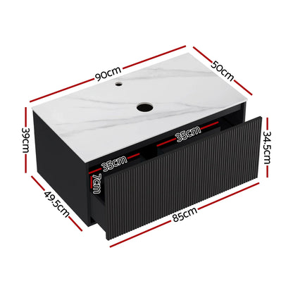 Cefito Vanity Unit 900mm Bathroom Cabinet Storage Wall Hung Grooved Timber Black - Mekamart Australia