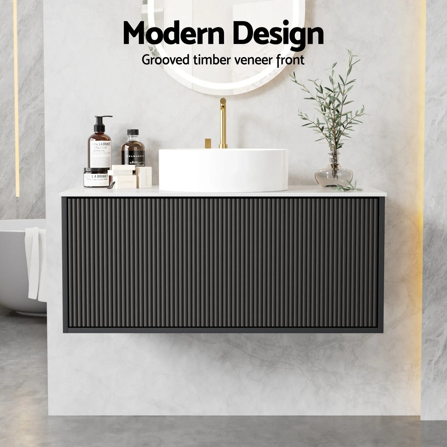 Cefito Vanity Unit 900mm Bathroom Cabinet Storage Wall Hung Grooved Timber Black - Mekamart Australia