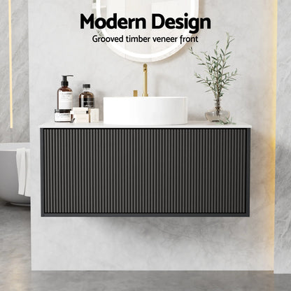 Cefito Vanity Unit 900mm Bathroom Cabinet Storage Wall Hung Grooved Timber Black - Mekamart Australia