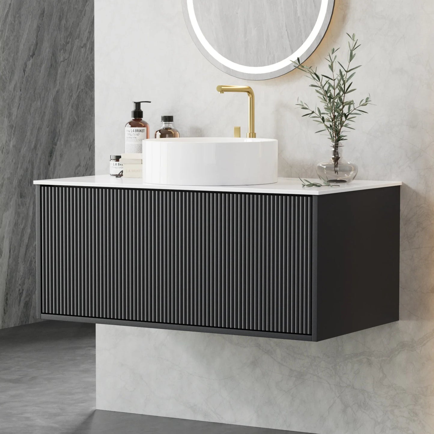 Cefito Vanity Unit 900mm Bathroom Cabinet Storage Wall Hung Grooved Timber Black - Mekamart Australia