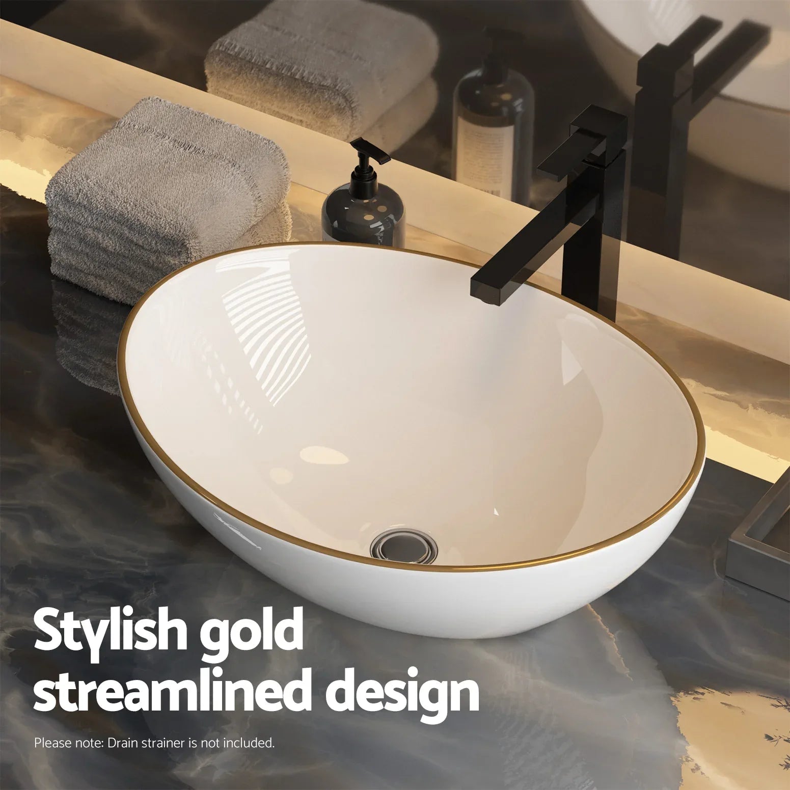 Cefito Bathroom Basin Ceramic Vanity Sink Hand Wash Bowl Gold Line 41x34cm - Mekamart Australia