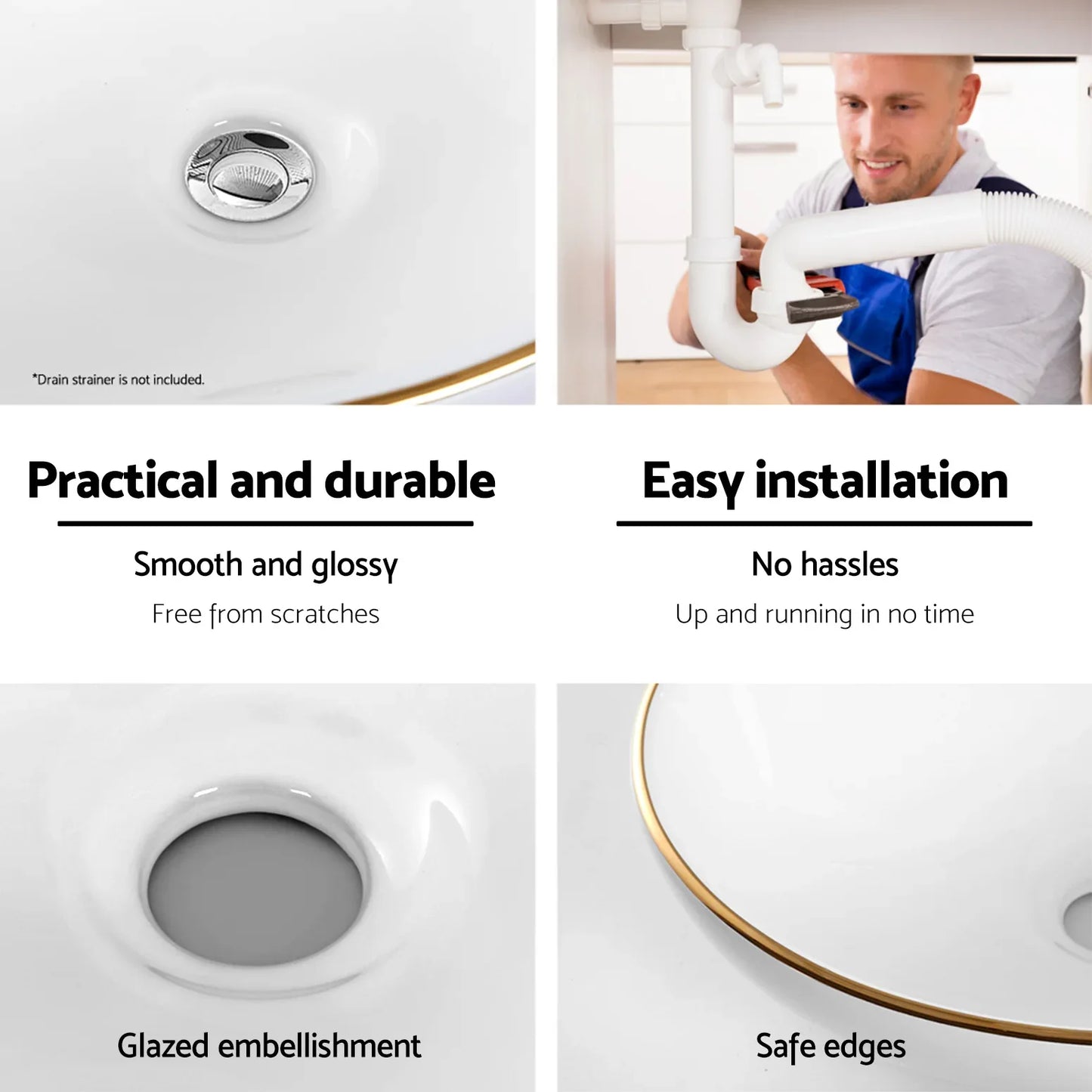 Cefito Bathroom Basin Ceramic Vanity Sink Hand Wash Bowl Gold Line 41x34cm - Mekamart Australia