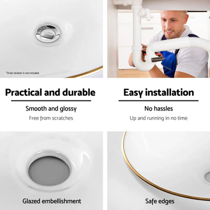 Cefito Bathroom Basin Ceramic Vanity Sink Hand Wash Bowl Gold Line 41x34cm - Mekamart Australia