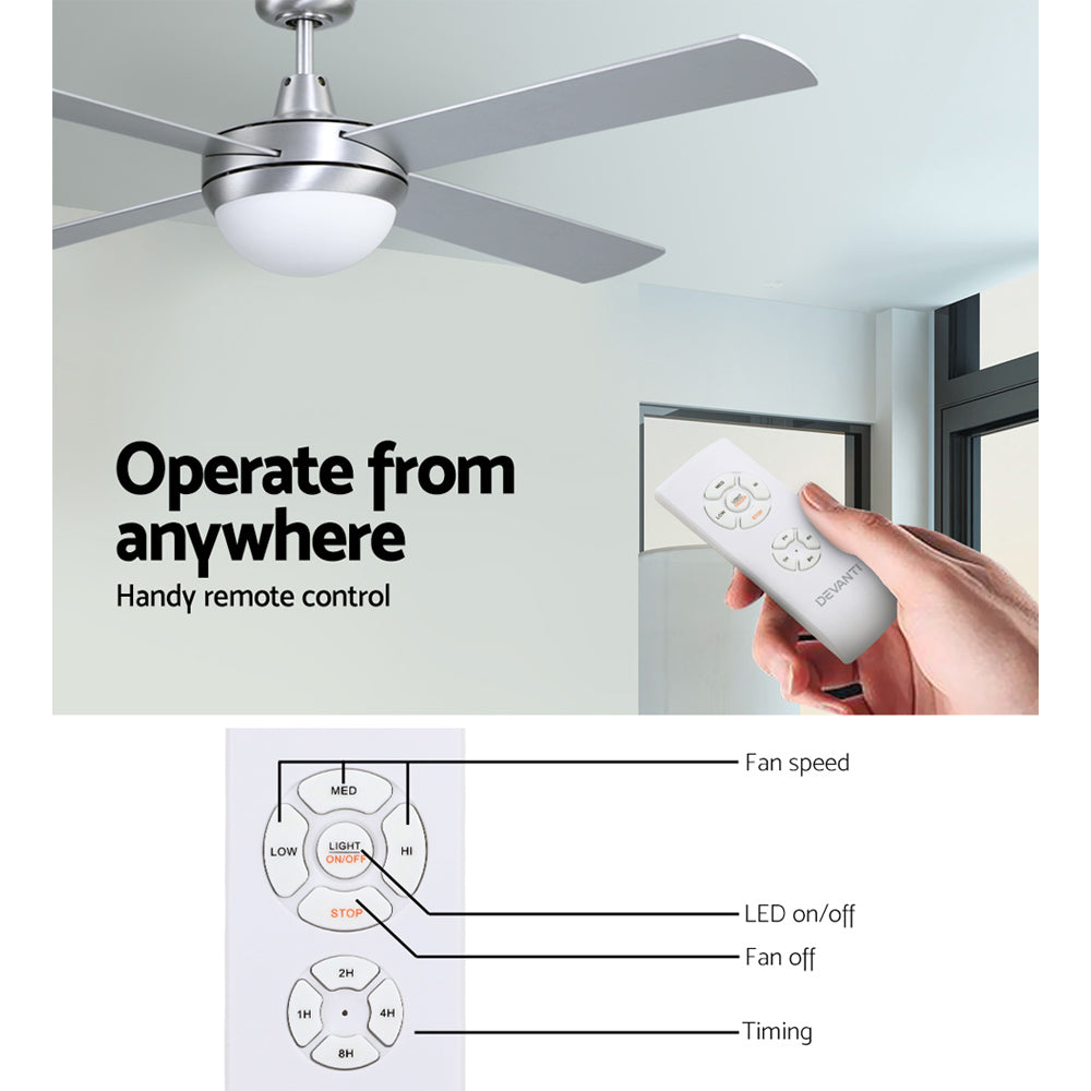 Devanti 52'' Ceiling Fan DC Motor w/Light w/Remote - Silver
