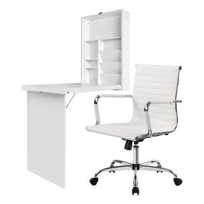 Artiss Computer Desk Office Chair Set PU Leather Wall Mount Foldable Table White - Mekamart Australia