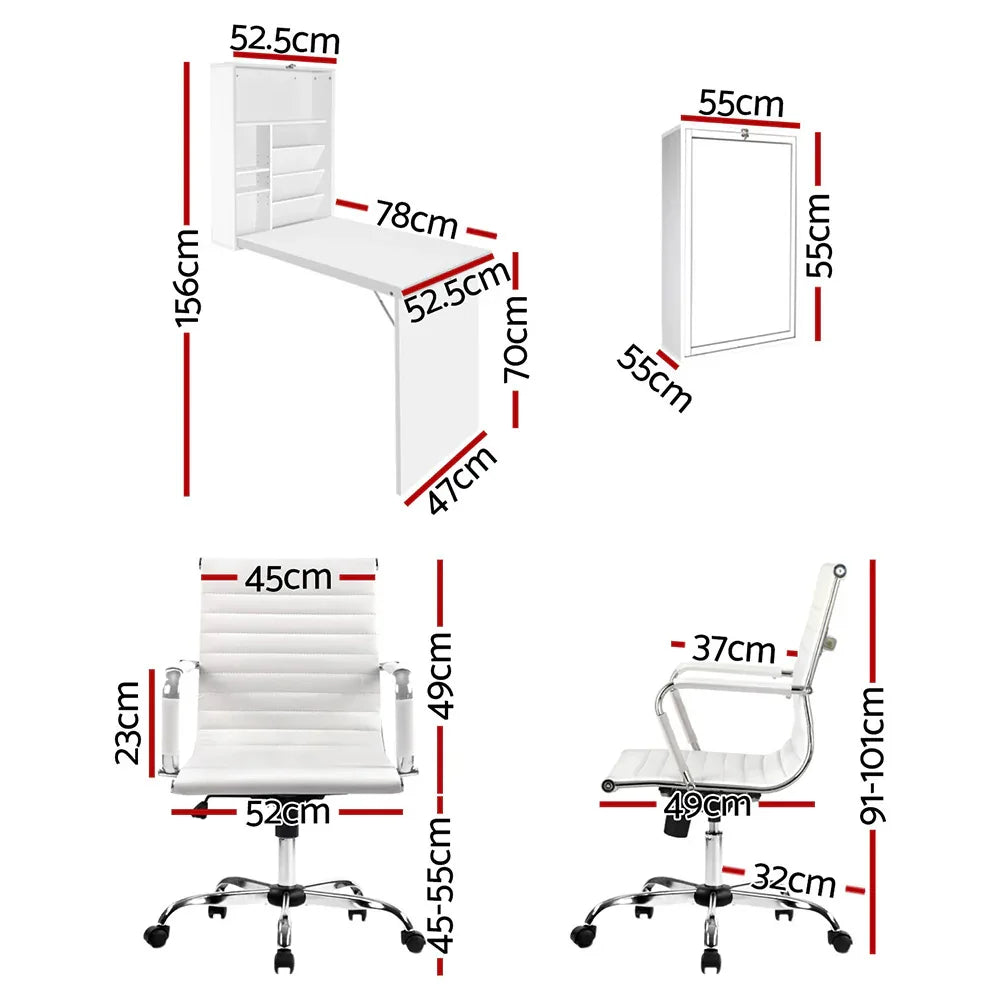 Artiss Computer Desk Office Chair Set PU Leather Wall Mount Foldable Table White - Mekamart Australia