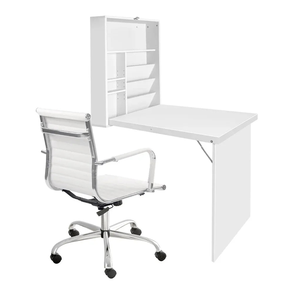 Artiss Computer Desk Office Chair Set PU Leather Wall Mount Foldable Table White - Mekamart Australia