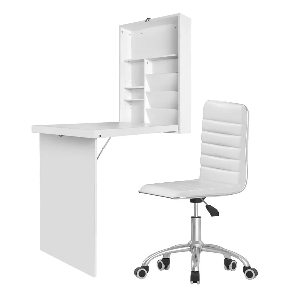 Artiss Computer Desk Office Chair Set PU Leather Wall Mount Foldable Table White - Mekamart Australia
