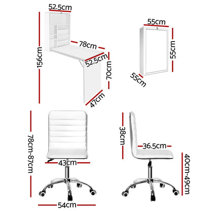 Artiss Computer Desk Office Chair Set PU Leather Wall Mount Foldable Table White - Mekamart Australia
