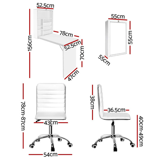 Artiss Computer Desk Office Chair Set PU Leather Wall Mount Foldable Table White