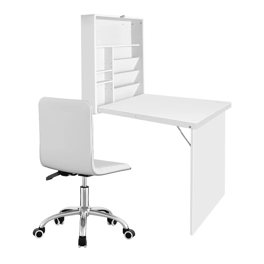 Artiss Computer Desk Office Chair Set PU Leather Wall Mount Foldable Table White - Mekamart Australia