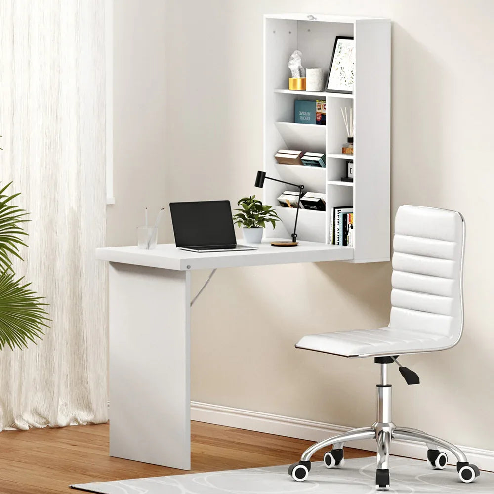 Artiss Computer Desk Office Chair Set PU Leather Wall Mount Foldable Table White - Mekamart Australia