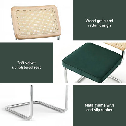 Artiss Dining Chairs Set of 2 Velvet Rattan Cantilever Green - Mekamart Australia