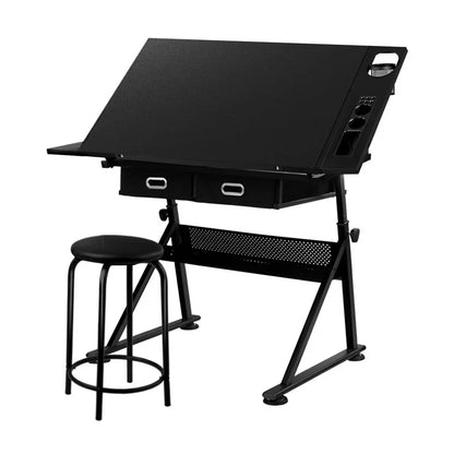 Artiss Drawing Desk Stool Set Drafting Table Adjustable Angle Tilt Drawers Black - Mekamart Australia