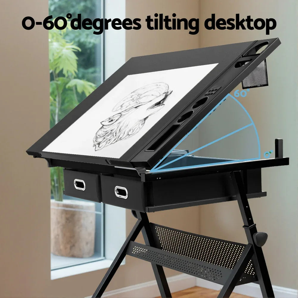 Artiss Drawing Desk Stool Set Drafting Table Adjustable Angle Tilt Drawers Black - Mekamart Australia