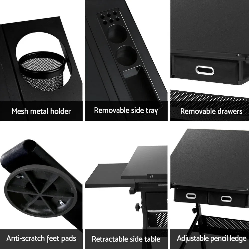 Artiss Drawing Desk Stool Set Drafting Table Adjustable Angle Tilt Drawers Black - Mekamart Australia