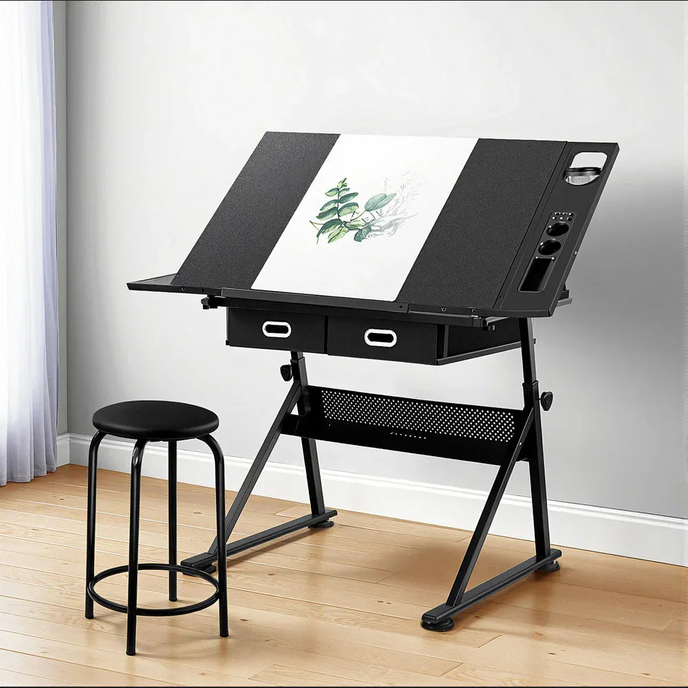 Artiss Drawing Desk Stool Set Drafting Table Adjustable Angle Tilt Drawers Black - Mekamart Australia