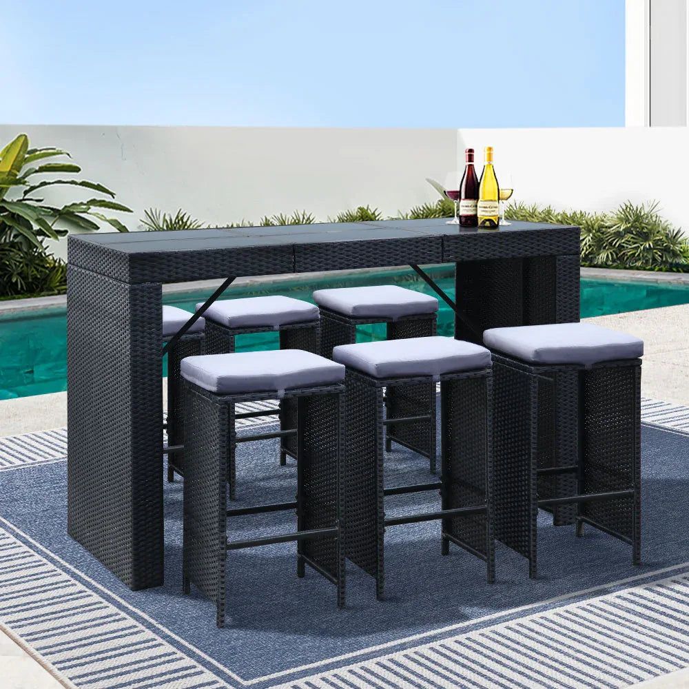 Gardeon 7-Piece Outdoor Bar Set Dining Table Stools Wicker Patio Setting - Mekamart Australia