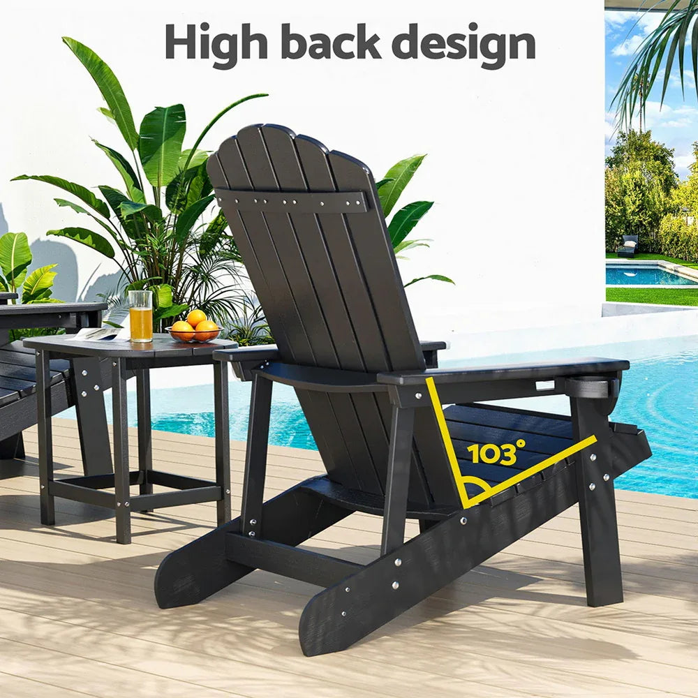 Gardeon Outdoor Table and Chairs HDPE Adirondack Beach Chair Sun Lounge Patio Furniture Garden Black
