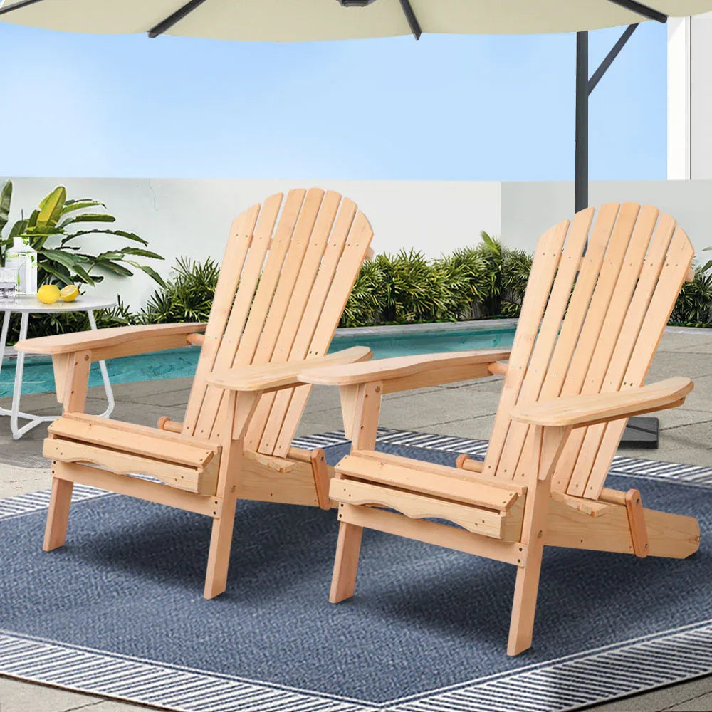 Gardeon Adirondack Outdoor Chairs Wooden Beach Chair Patio Furniture Garden Natural Set of 2 - Mekamart Australia