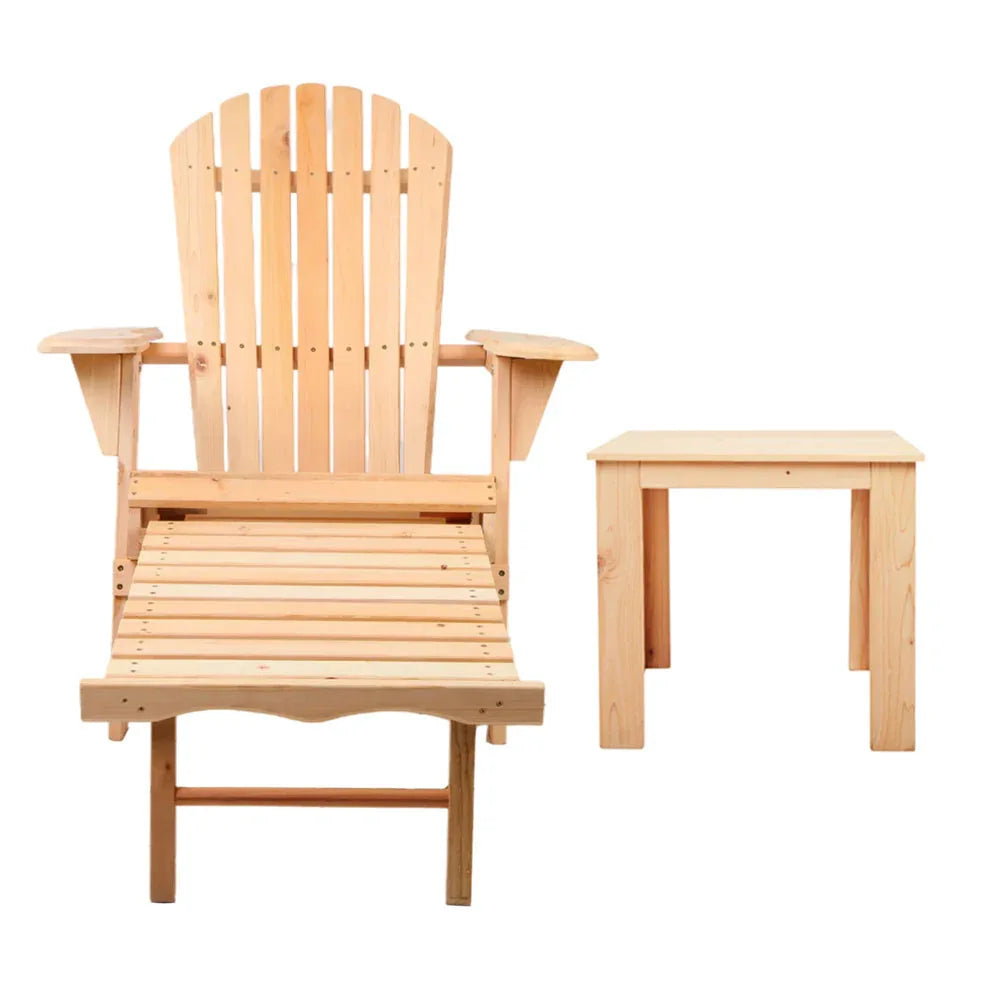 Gardeon 3PC Adirondack Outdoor Table and Chairs? Wooden Sun Lounge Beach Patio Natural - Mekamart Australia
