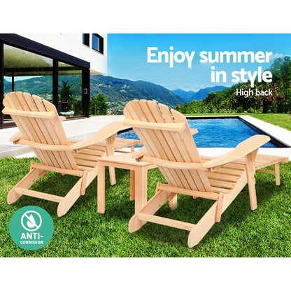 Gardeon 3PC Adirondack Outdoor Table and Chairs? Wooden Sun Lounge Beach Patio Natural - Mekamart Australia