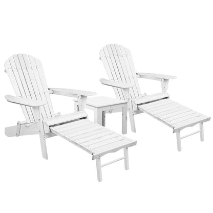 Gardeon 3PC Adirondack Outdoor Table and Chairs Wooden Sun Lounge Beach Patio White - Mekamart Australia