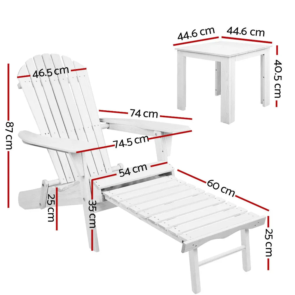 Gardeon 3PC Adirondack Outdoor Table and Chairs Wooden Sun Lounge Beach Patio White - Mekamart Australia