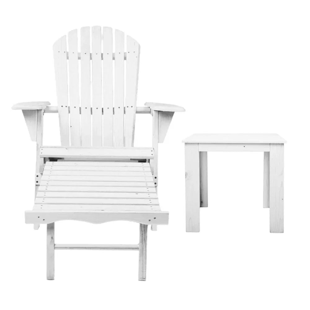 Gardeon 3PC Adirondack Outdoor Table and Chairs Wooden Sun Lounge Beach Patio White - Mekamart Australia