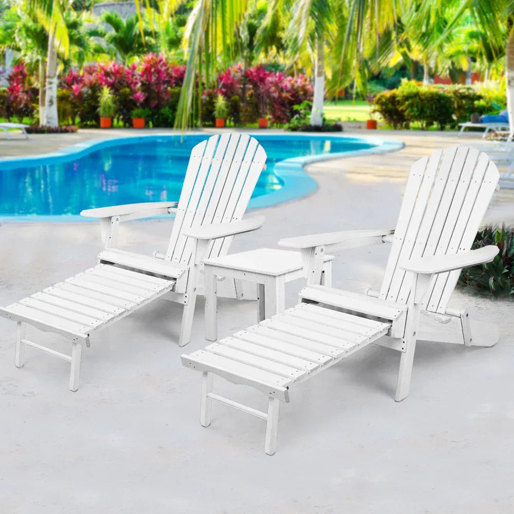 Gardeon 3PC Adirondack Outdoor Table and Chairs Wooden Sun Lounge Beach Patio White - Mekamart Australia