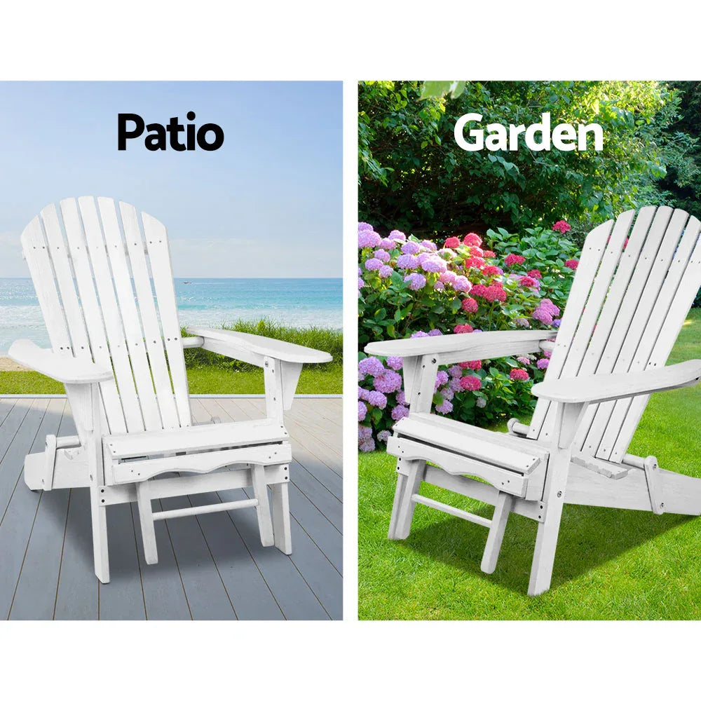 Gardeon 3PC Adirondack Outdoor Table and Chairs Wooden Sun Lounge Beach Patio White - Mekamart Australia