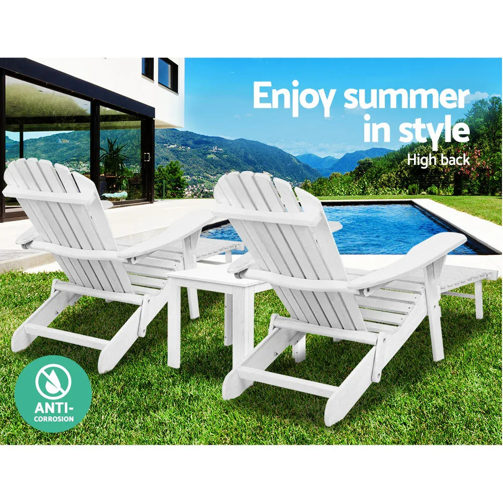 Gardeon 3PC Adirondack Outdoor Table and Chairs Wooden Sun Lounge Beach Patio White - Mekamart Australia