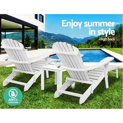 Gardeon 3PC Adirondack Outdoor Table and Chairs Wooden Sun Lounge Beach Patio White - Mekamart Australia