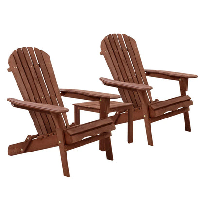 Gardeon 3PC Adirondack Outdoor Table and Chairs Wooden Foldable Beach Chair Brown - Mekamart Australia