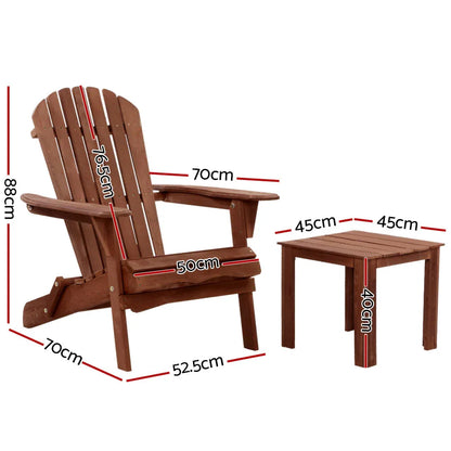 Gardeon 3PC Adirondack Outdoor Table and Chairs Wooden Foldable Beach Chair Brown - Mekamart Australia