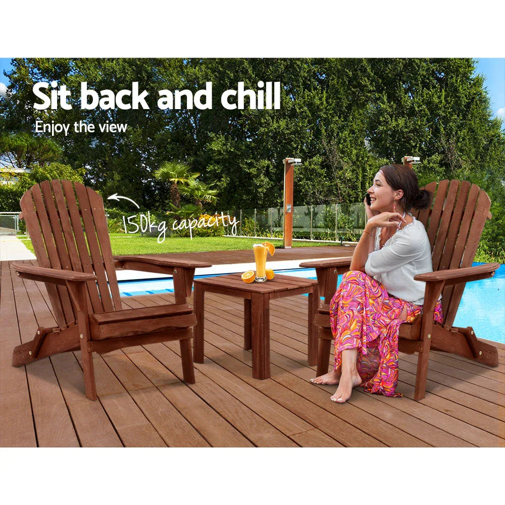 Gardeon 3PC Adirondack Outdoor Table and Chairs Wooden Foldable Beach Chair Brown - Mekamart Australia