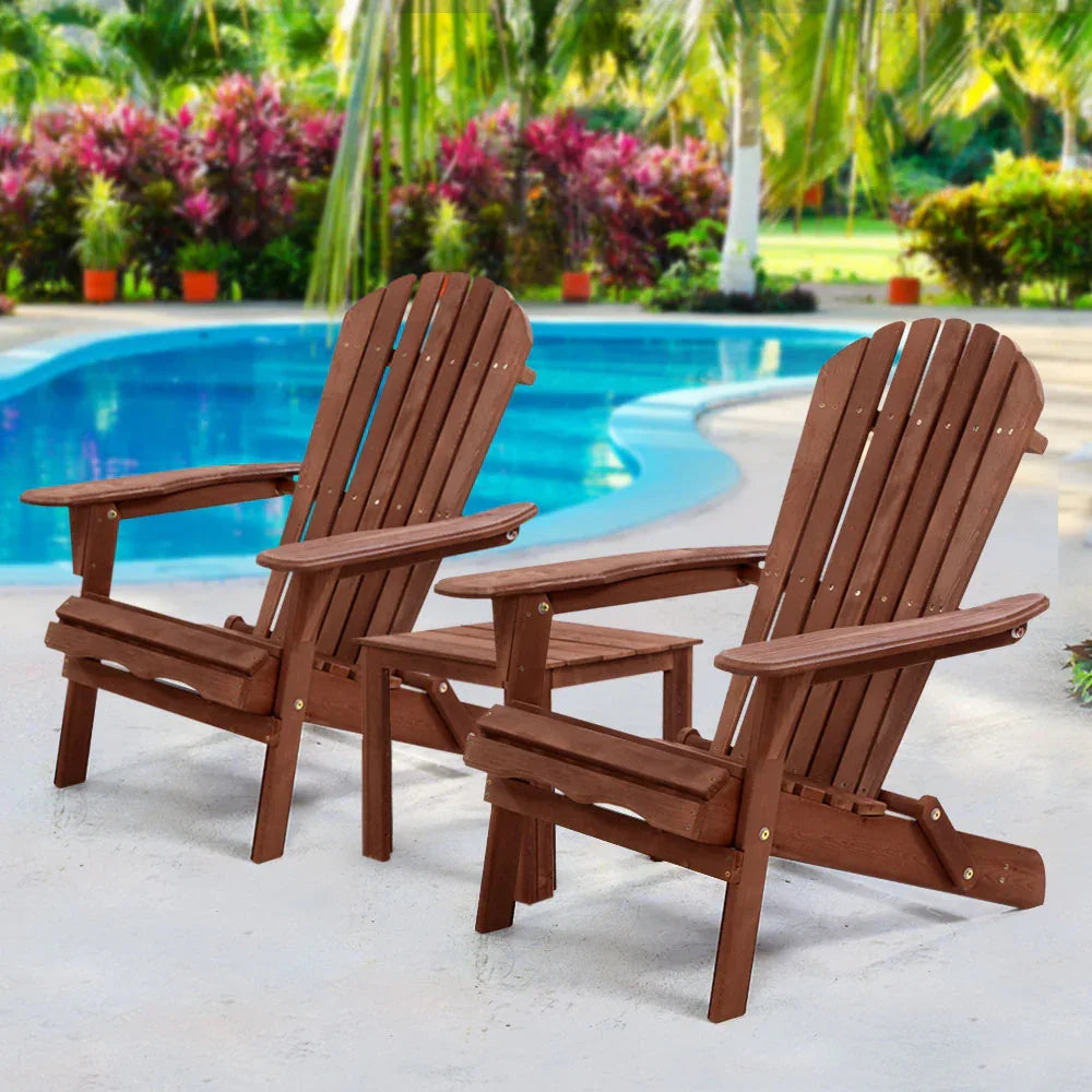 Gardeon 3PC Adirondack Outdoor Table and Chairs Wooden Foldable Beach Chair Brown - Mekamart Australia