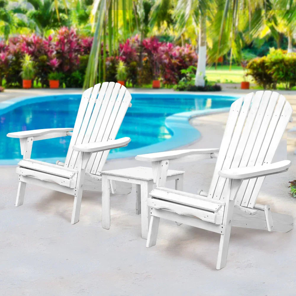 Gardeon 3PC Adirondack Outdoor Table and Chairs Wooden Foldable Beach Chair White - Mekamart Australia